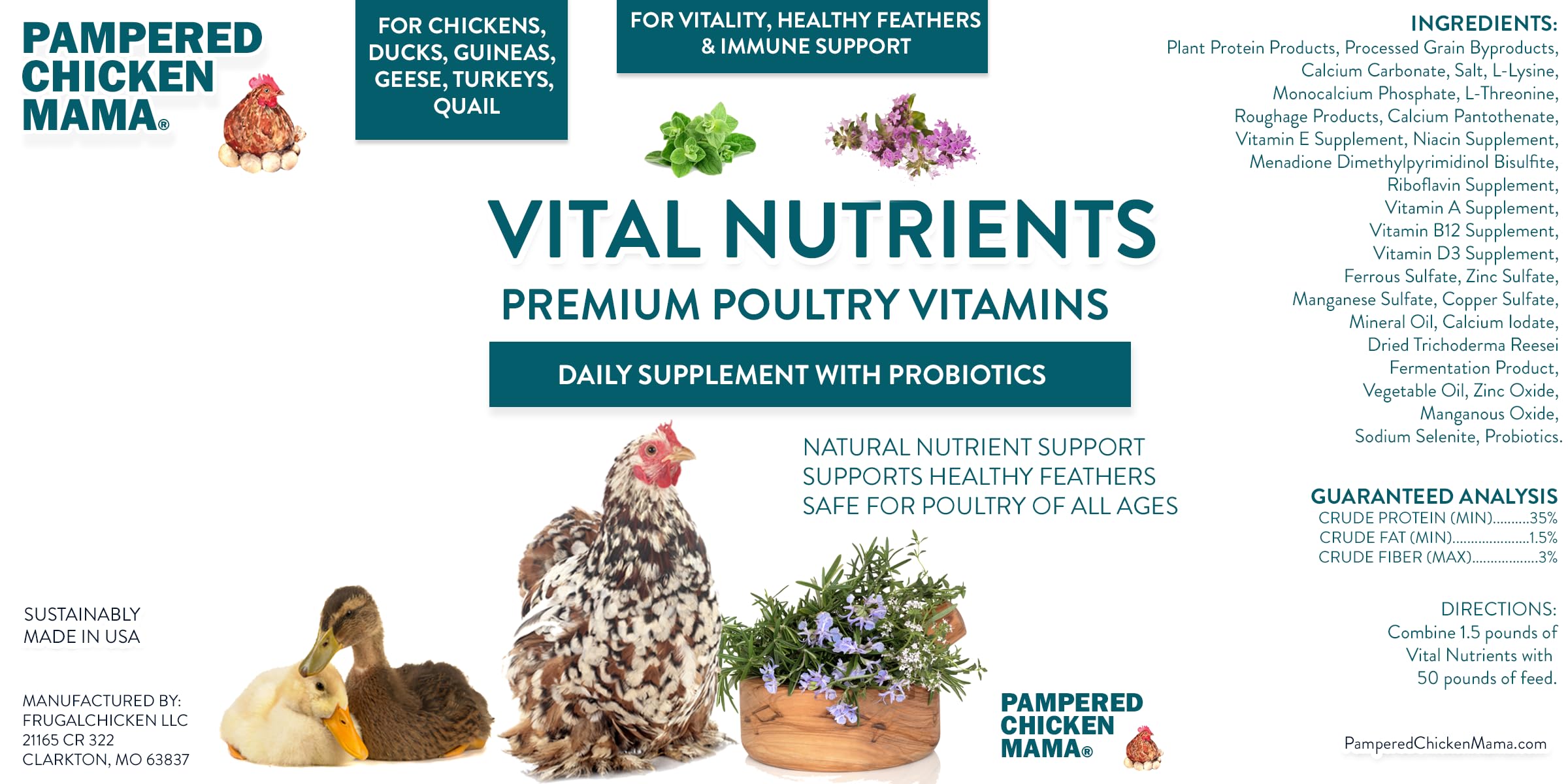 Pampered Chicken Mama Vital Nutrients five-pound jar stored neatly in a coop pantry.