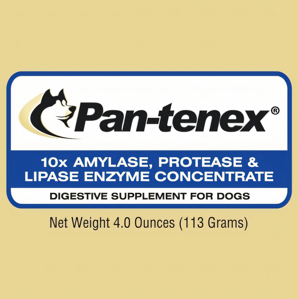 Pan-tenex porcine pancreatic enzymes aid protein and fat digestion in dogs.