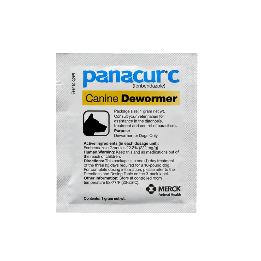 Panacur C canine dewormer dosage chart shown for weight-based dosing.