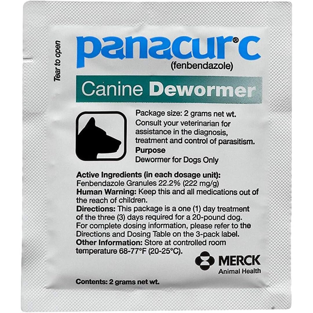Panacur C dosing chart image helps owners match the dose to dog weight.