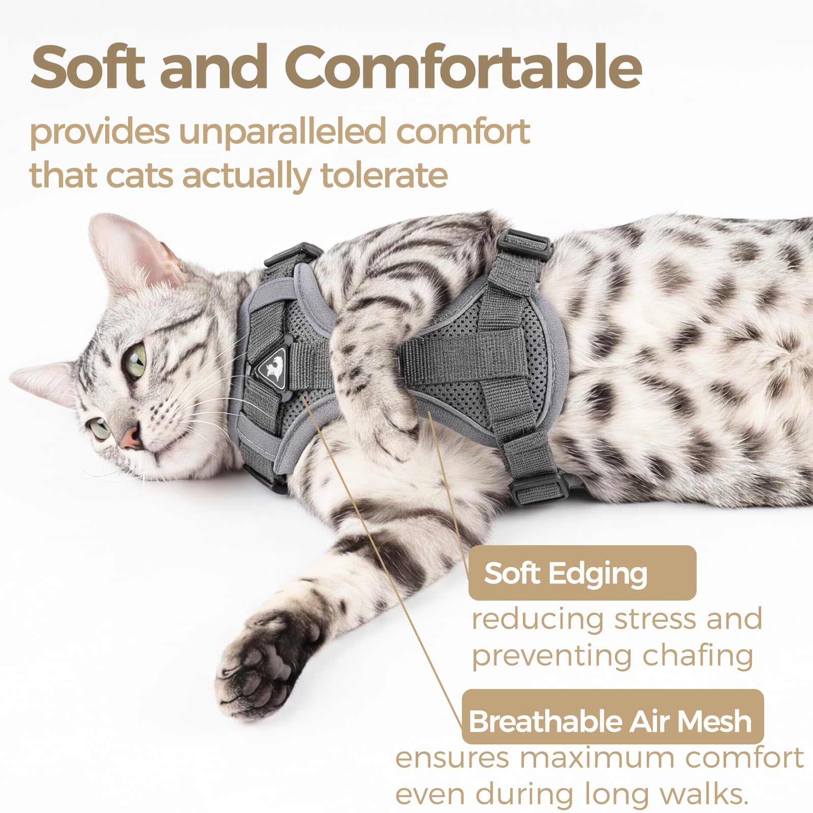 Pangdi grey cat harness vest close-up showing soft lining