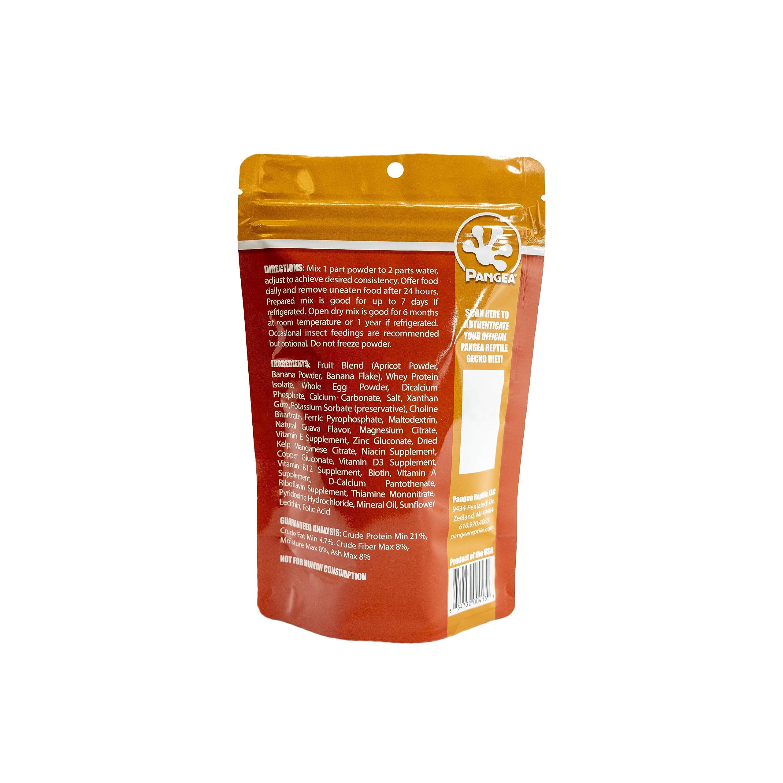 Pangea Fruit Mix Apricot packaging highlights fortified nutrition for crested geckos