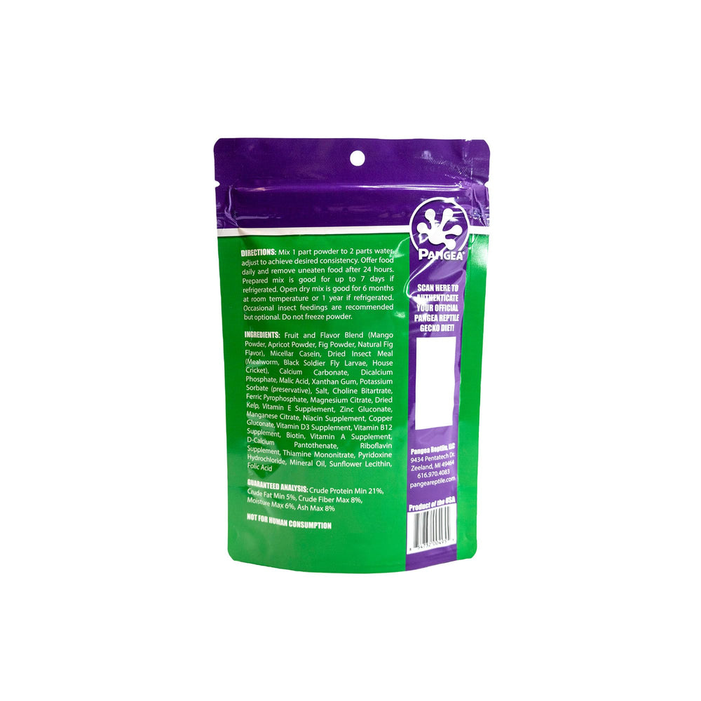 Pangea Gecko Diet close-up highlights three insect proteins for varied nutrition.