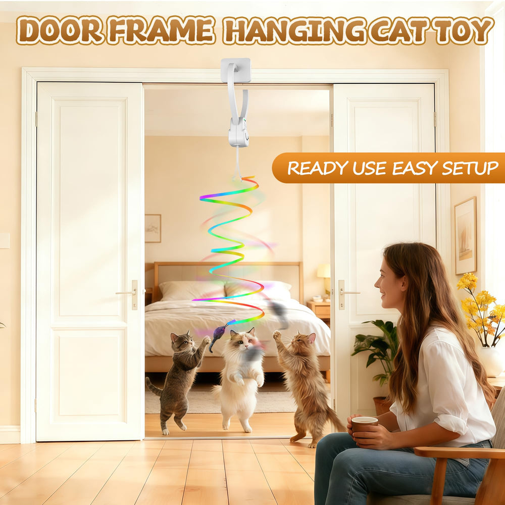 PANRIO 360-degree rotation toy stimulates chase and pounce in cats.