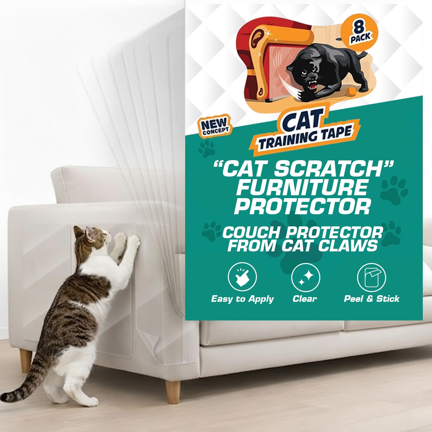 Panther Armor 8-pack scratch protector sheet on fabric furniture deters scratching.