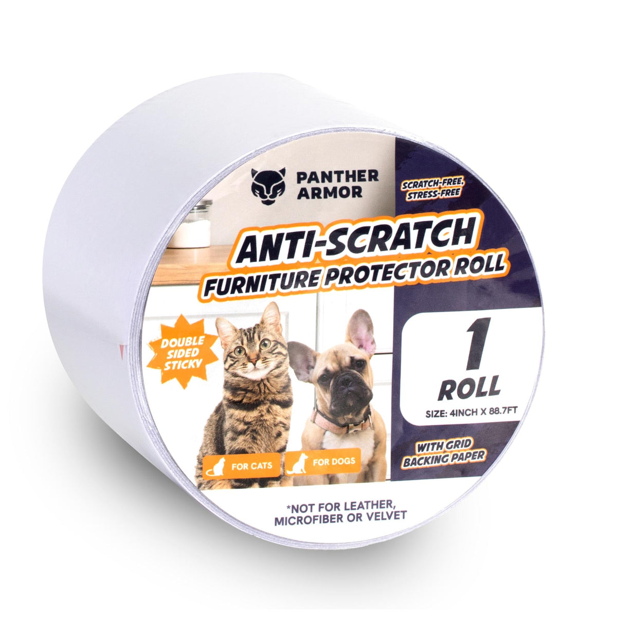 Panther Armor dbl-sided tape 88ft roll protects furniture from cat scratches.