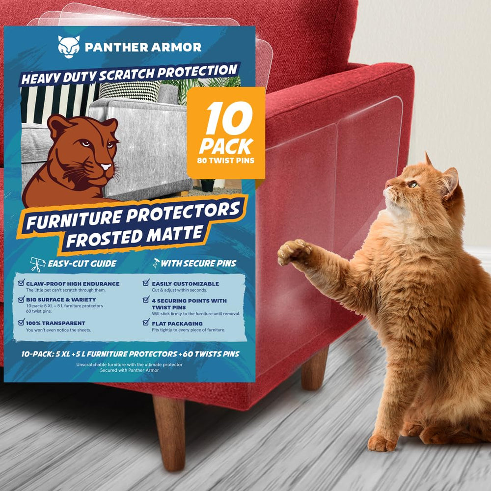 Panther Armor XL scratch protector on fabric couch guards against claw marks.
