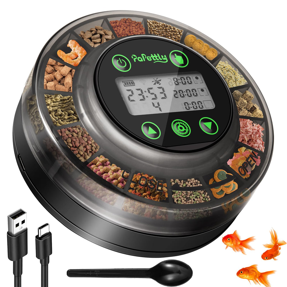 Papettly automatic fish feeder front view showcases compact design for neat home aquariums.