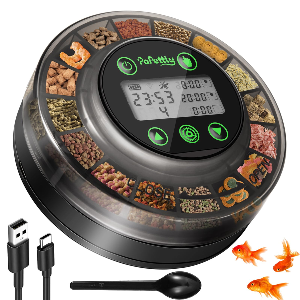 Papettly automatic fish feeder front view showcases compact design for neat home aquariums.