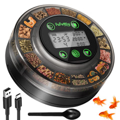 Papettly automatic fish feeder front view showcases compact design for neat home aquariums.