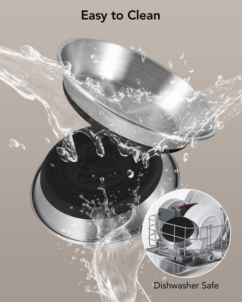 Dishwasher-safe stainless steel bowls by PapiCola for easy cleaning.