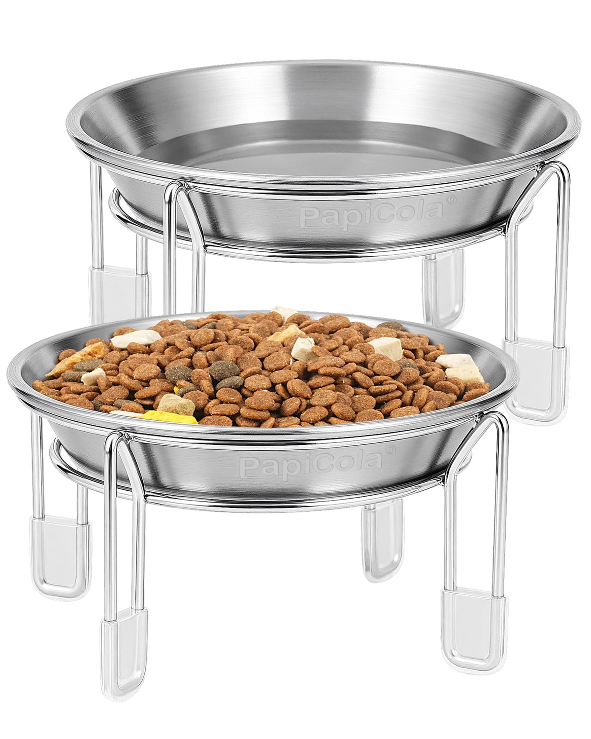 PapiCola elevated cat bowl set with two stainless steel bowls for healthier feeding posture.
