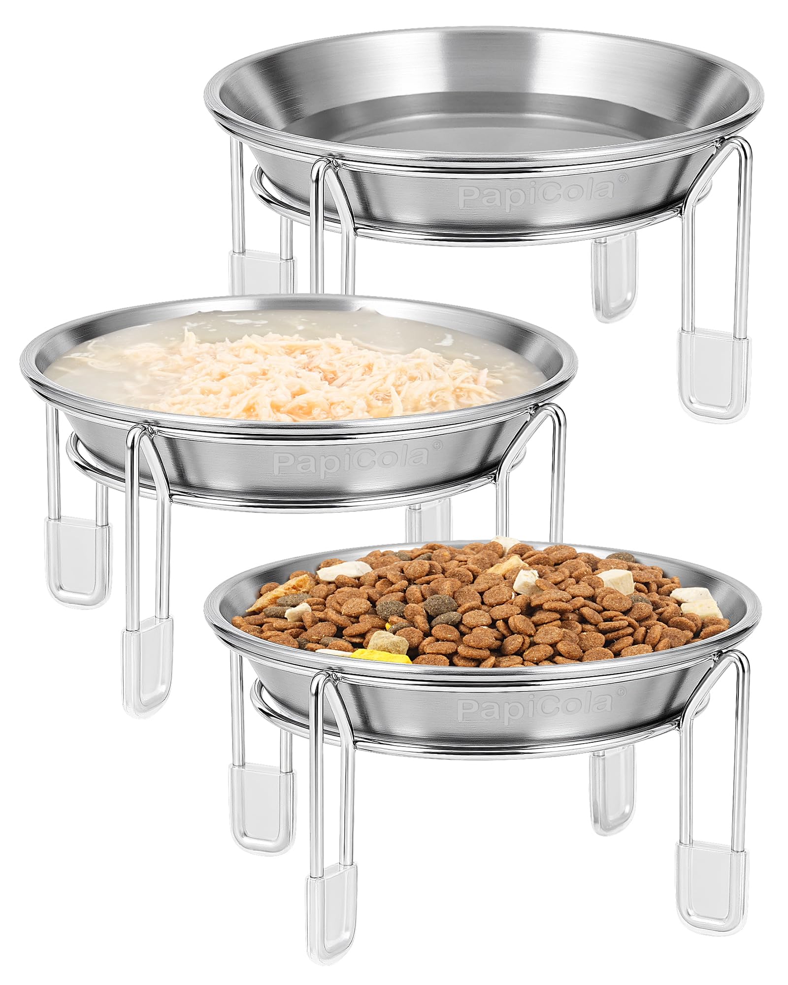 PapiCola elevated cat bowl set improves mealtime posture.