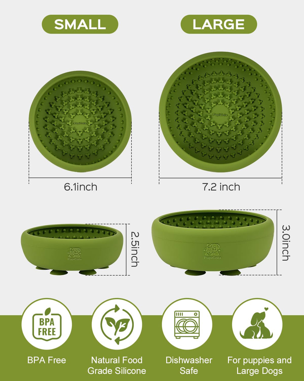 Green PapiCola dog bowl close-up showing textured surface
