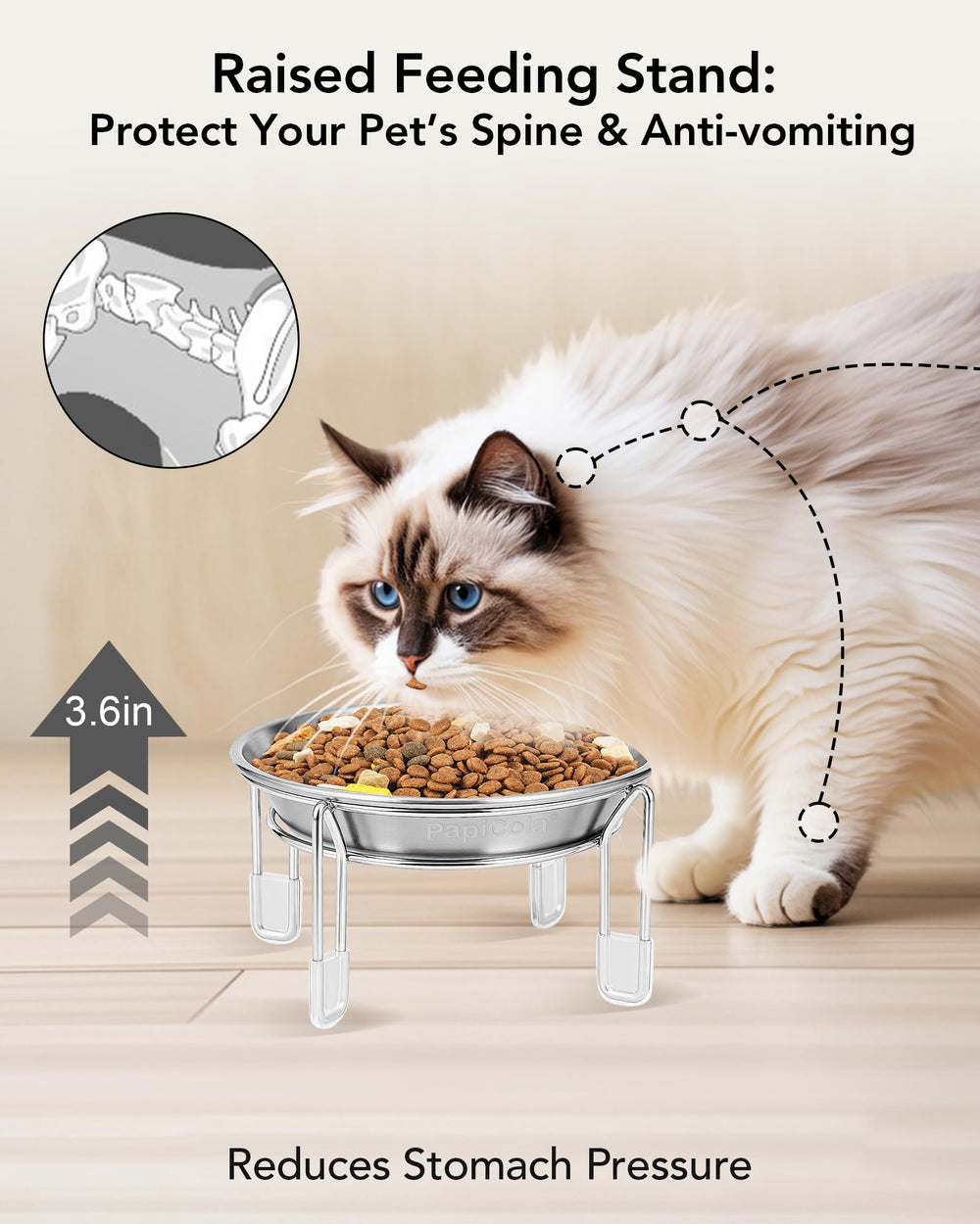 PapiCola stainless steel bowls on non-slip stand reduce spills during meals.