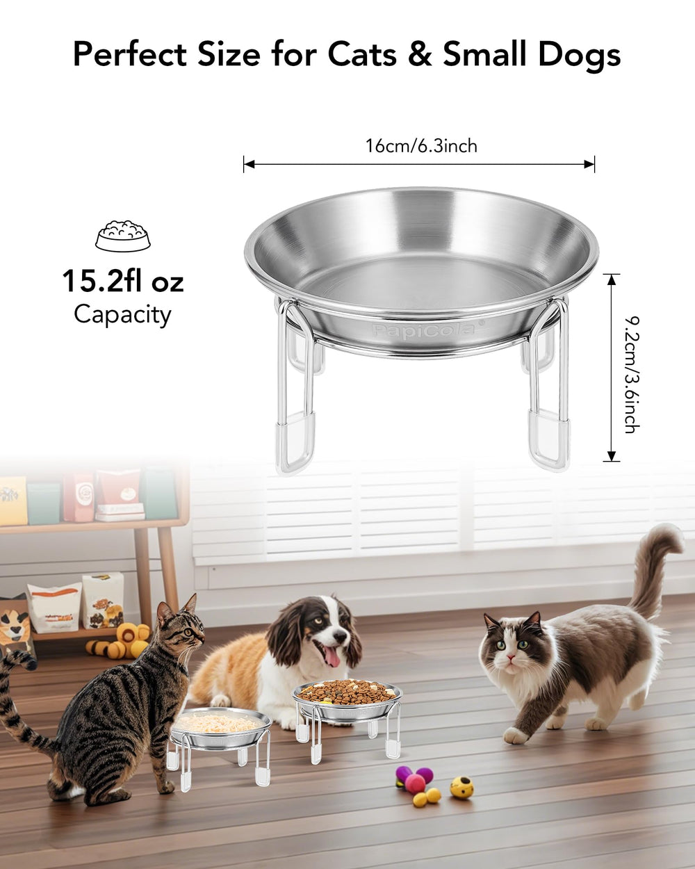 PapiCola whisker-friendly bowls prevent whisker touch for comfort.
