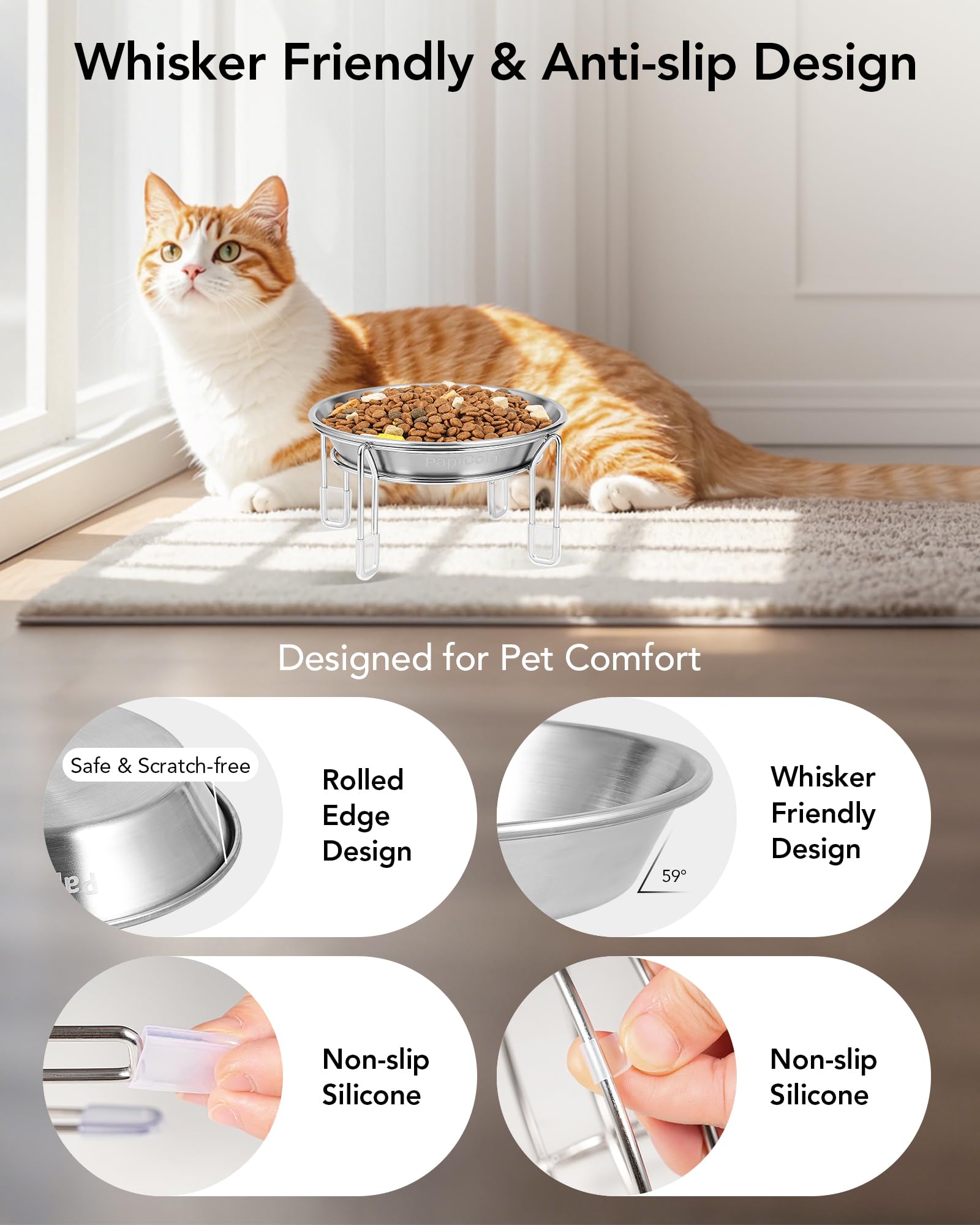 PapiCola whisker-friendly bowls prevent whisker contact for comfortable dining.
