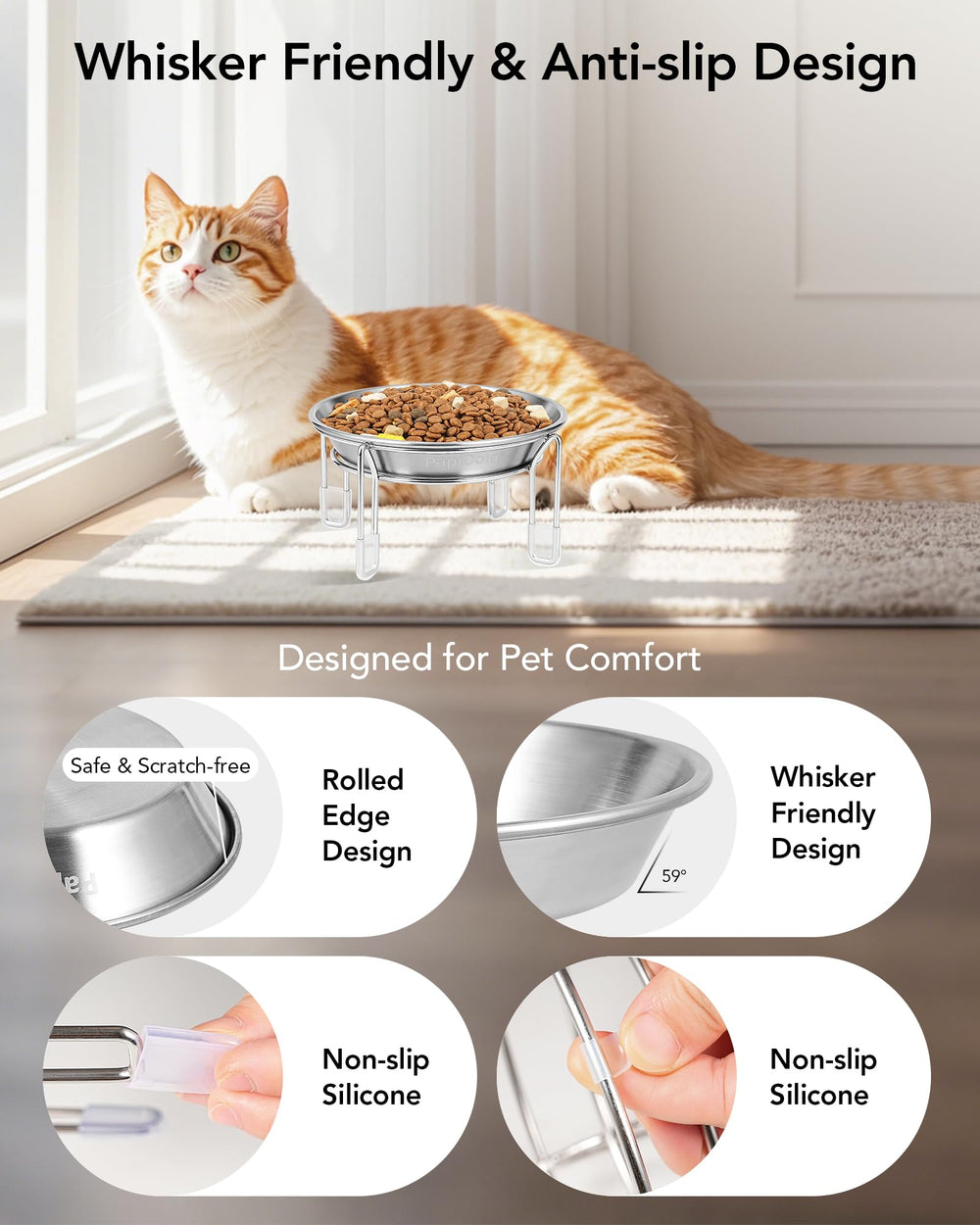 PapiCola whisker-friendly bowls prevent whisker contact for comfortable dining.
