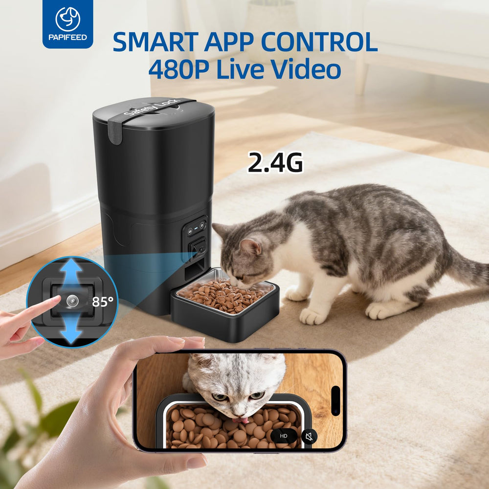 PAPIFEED automatic cat feeder food compartment shows large 6L capacity for multiple days.