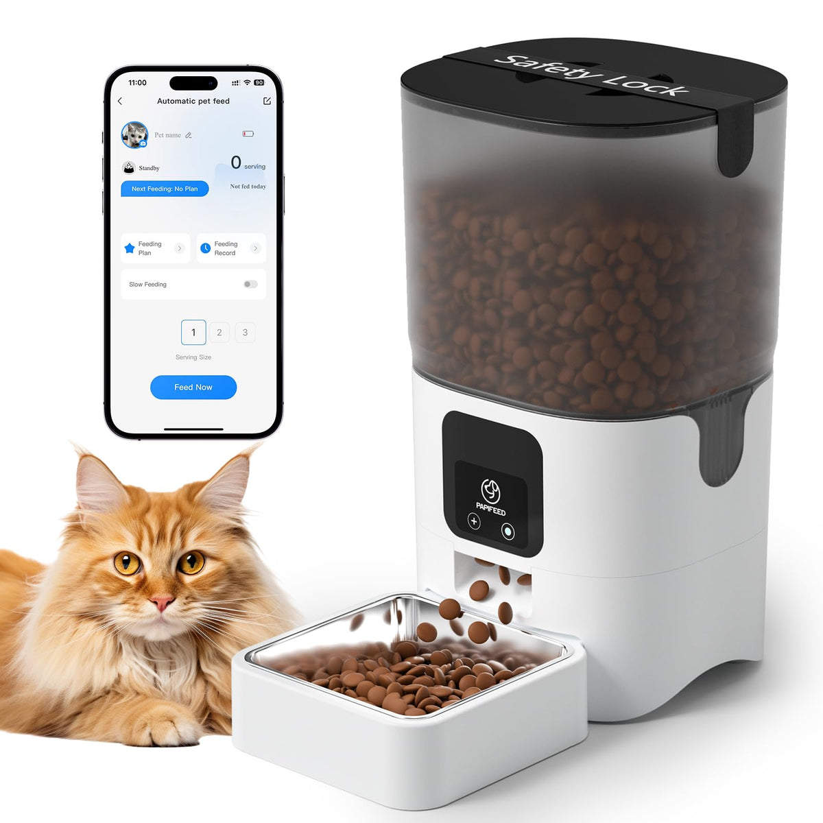 PAPIFEED automatic cat feeder front view with 6L capacity for reliable daily meals.