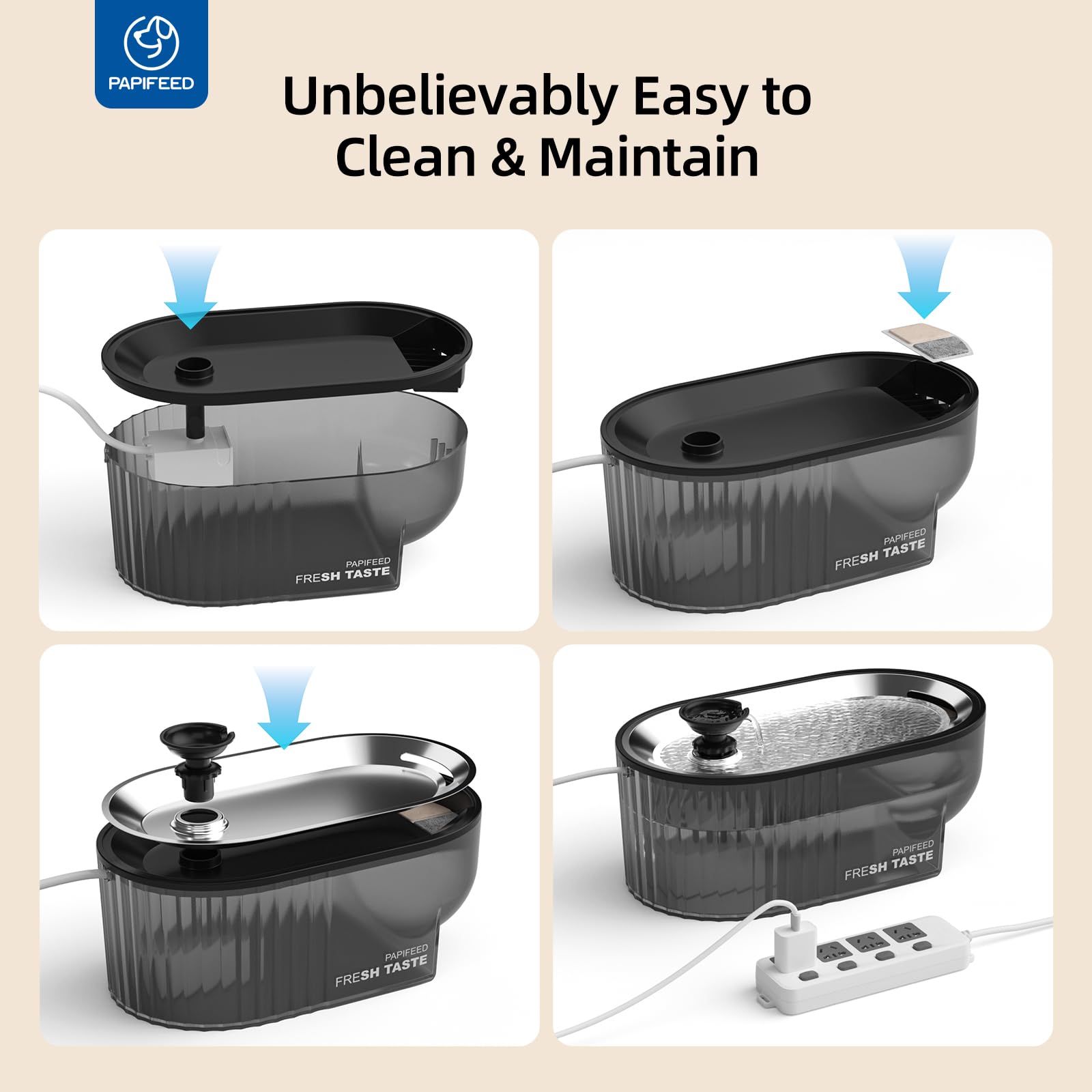 PAPIFEED silicone mat catches splashes and protects floors.