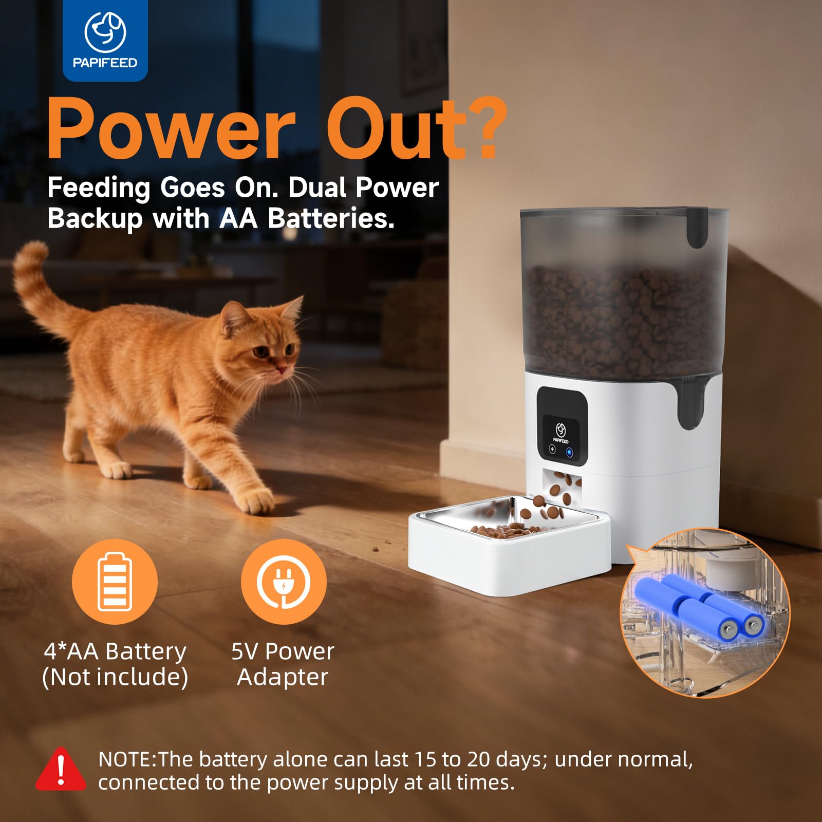 PAPIFEED dual-power supply with battery backup ensures meals during outages.