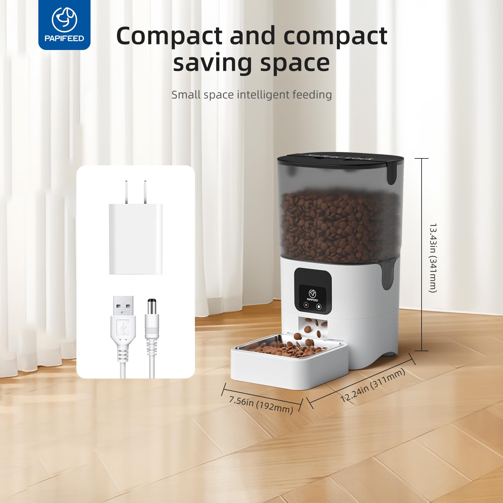 PAPIFEED power adapter connected for steady feeding at home.
