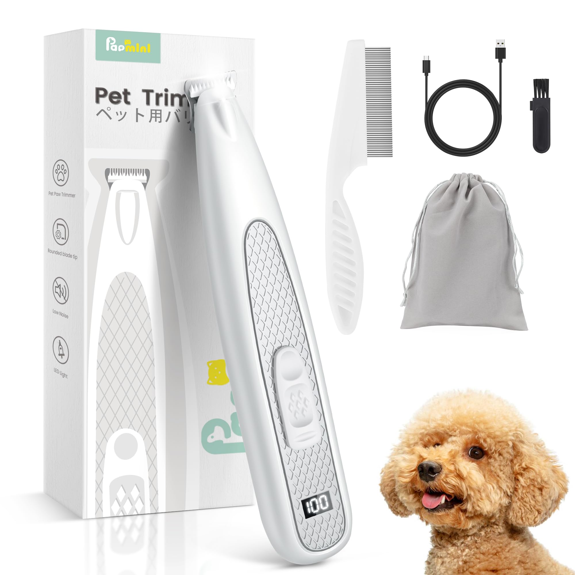 PAPMINI dog paw trimmer with LED display for battery status and precise trimming