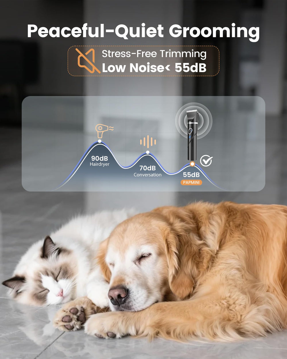 PAPMINI low-noise operation keeps anxious pets calm during grooming.