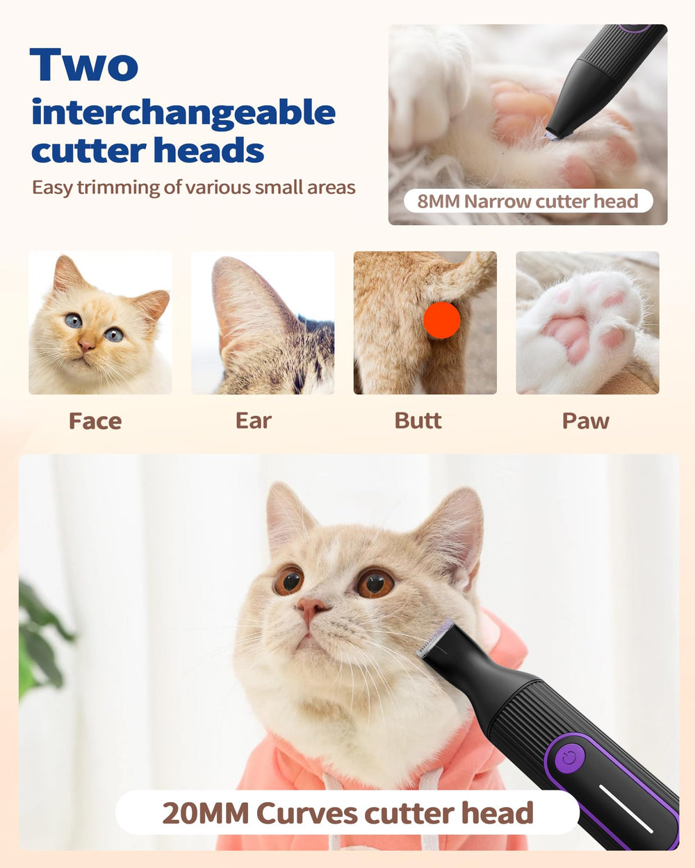 PAPMINI paw trimmer heads provide precise trimming around paws.