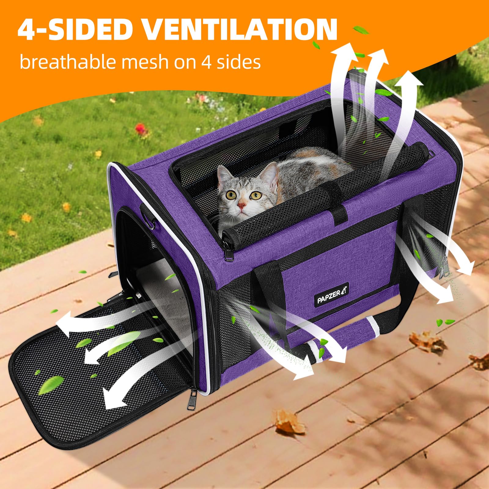 Locking zippers keep pets secure inside PAPZER 600D Oxford fabric.