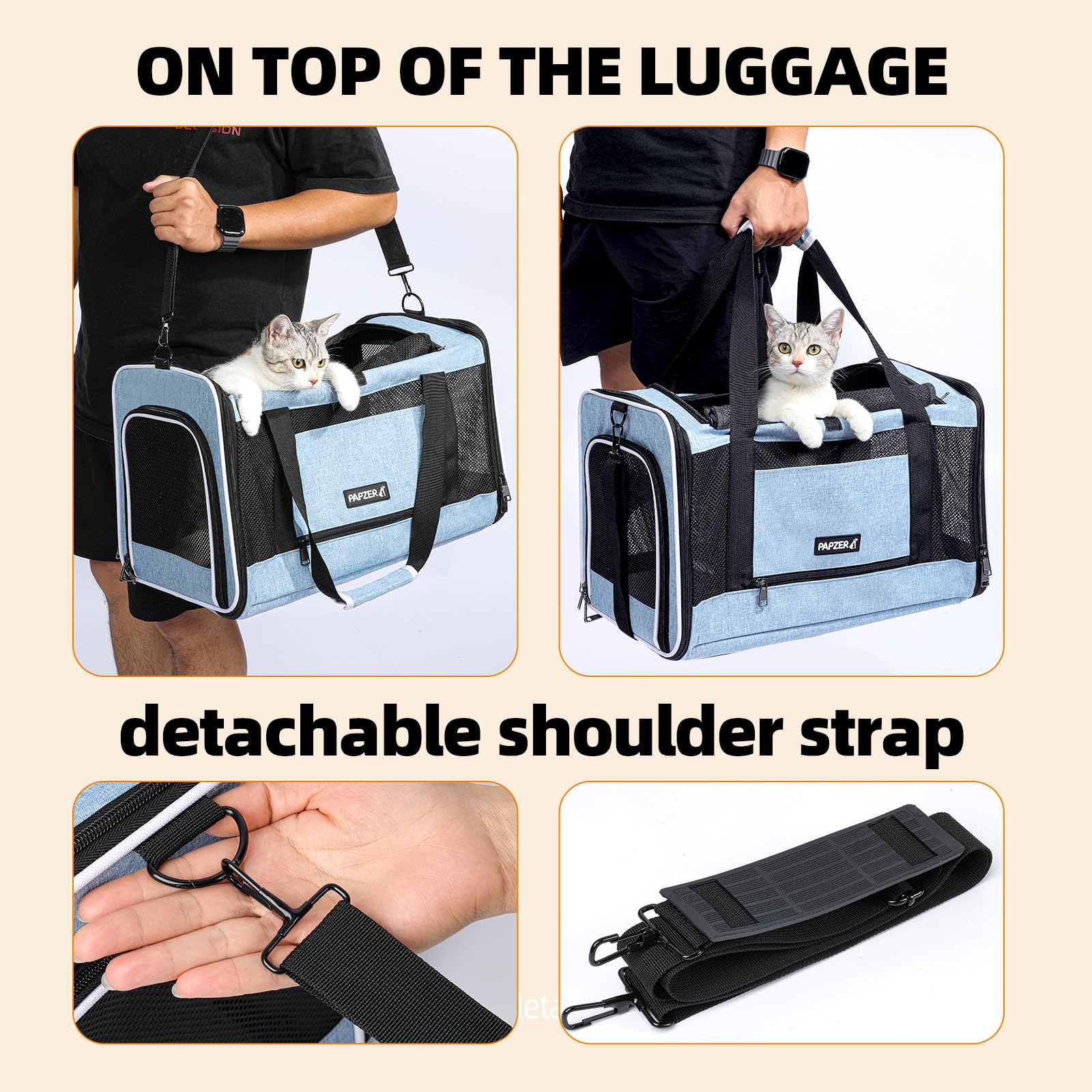 PAPZER cat carrier blue collapse-frame keeps shape during travel