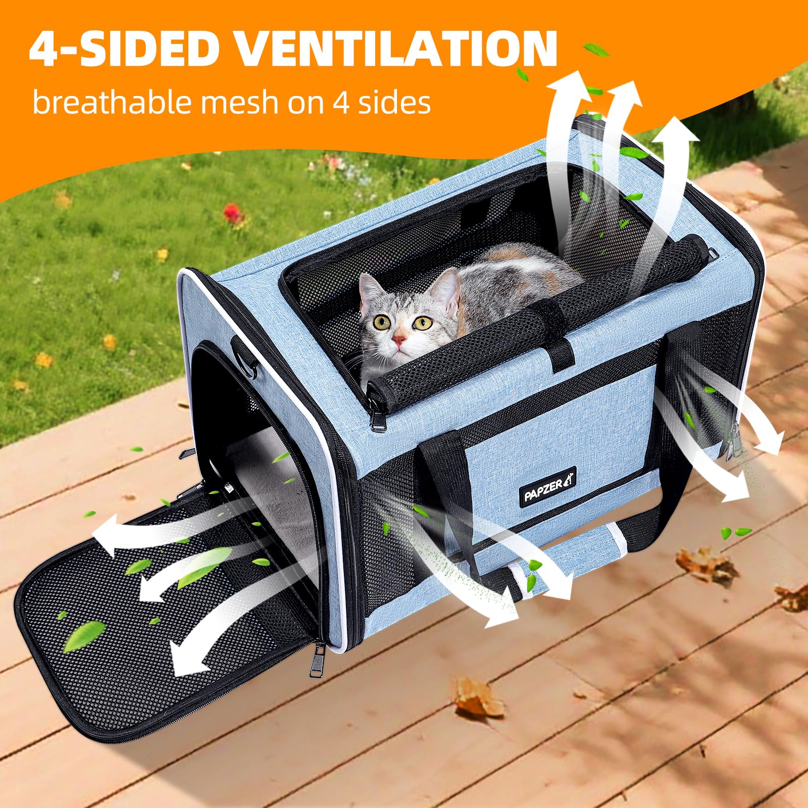 PAPZER cat carrier blue internal zipper lock emphasizes secure closure