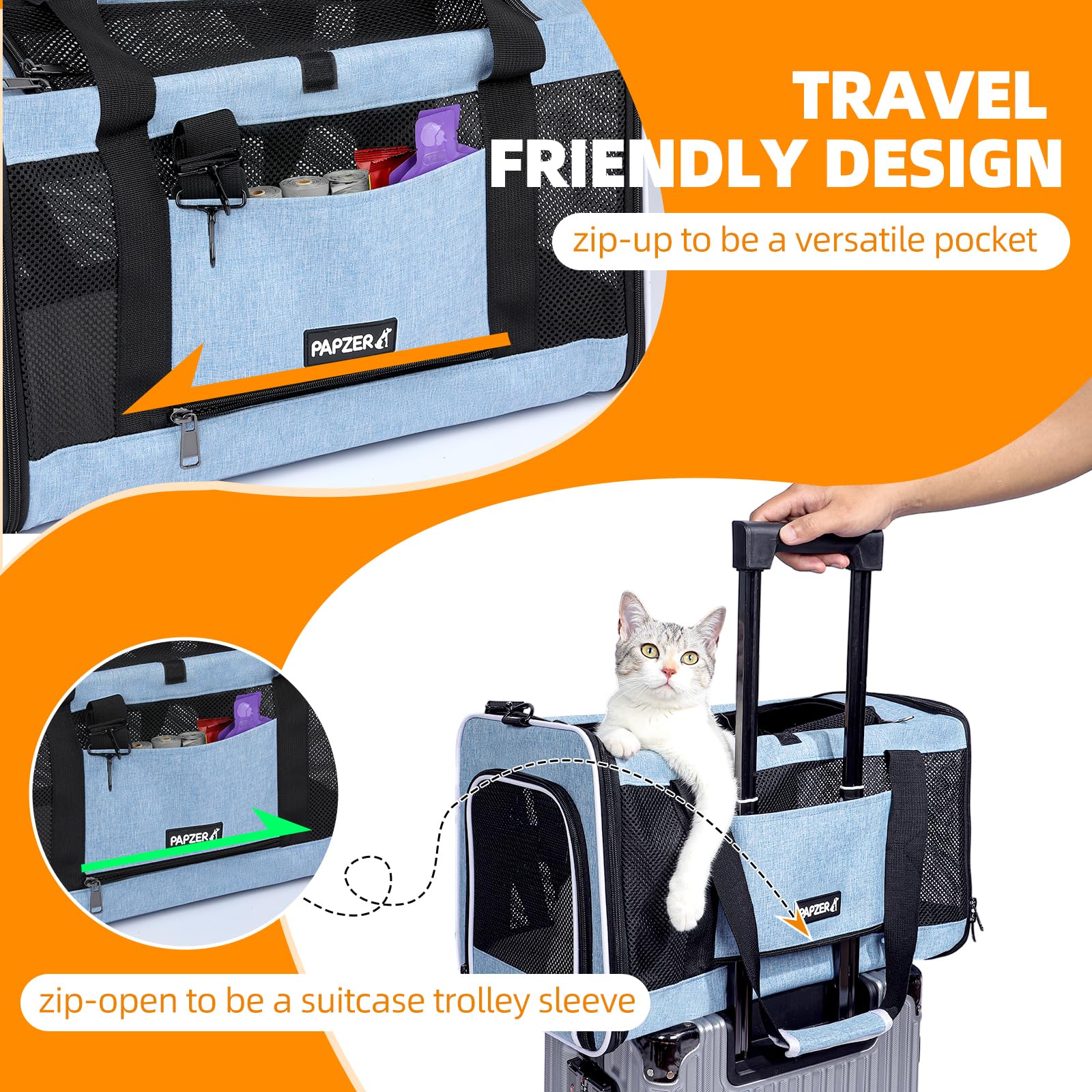 PAPZER cat carrier blue adjustable shoulder strap for convenient trips