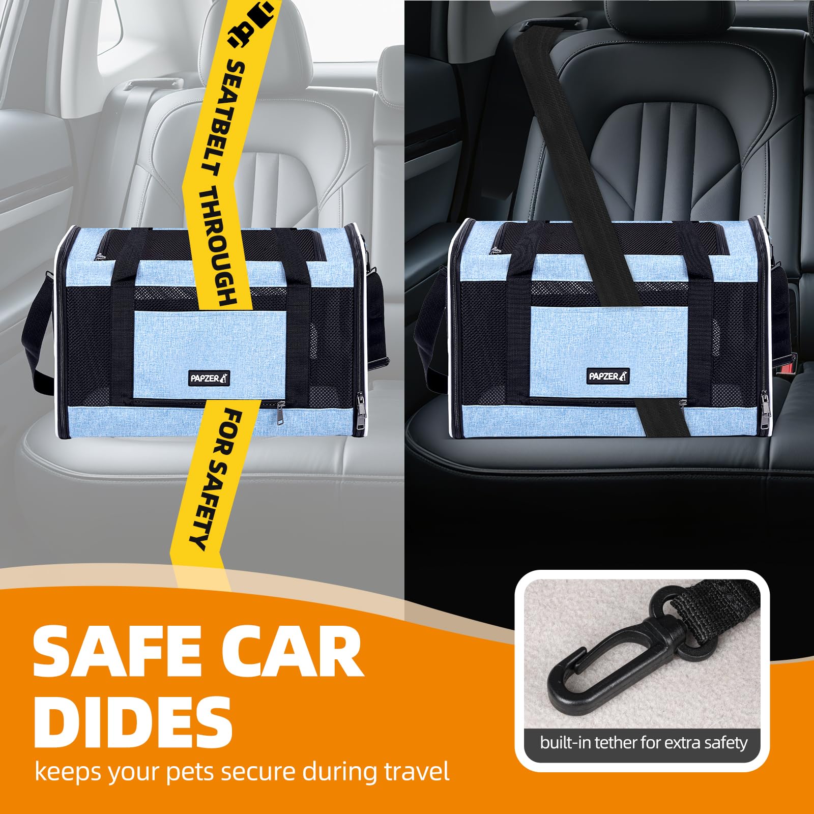 PAPZER cat carrier blue storage pocket when closed for small accessories