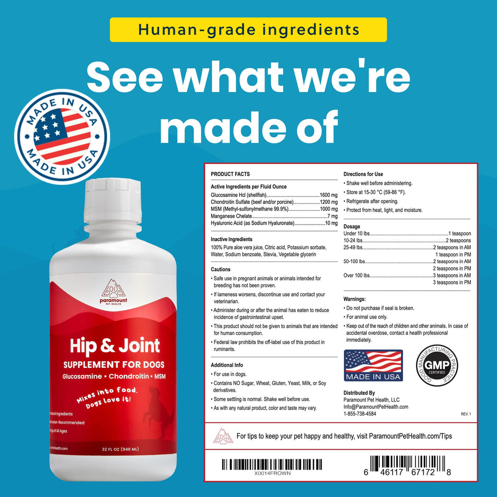 Paramount Pet Health dog joint supplement bottle for easy daily use.