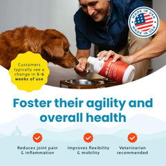 Paramount Pet Health liquid glucosamine for dogs being poured into food for absorption.