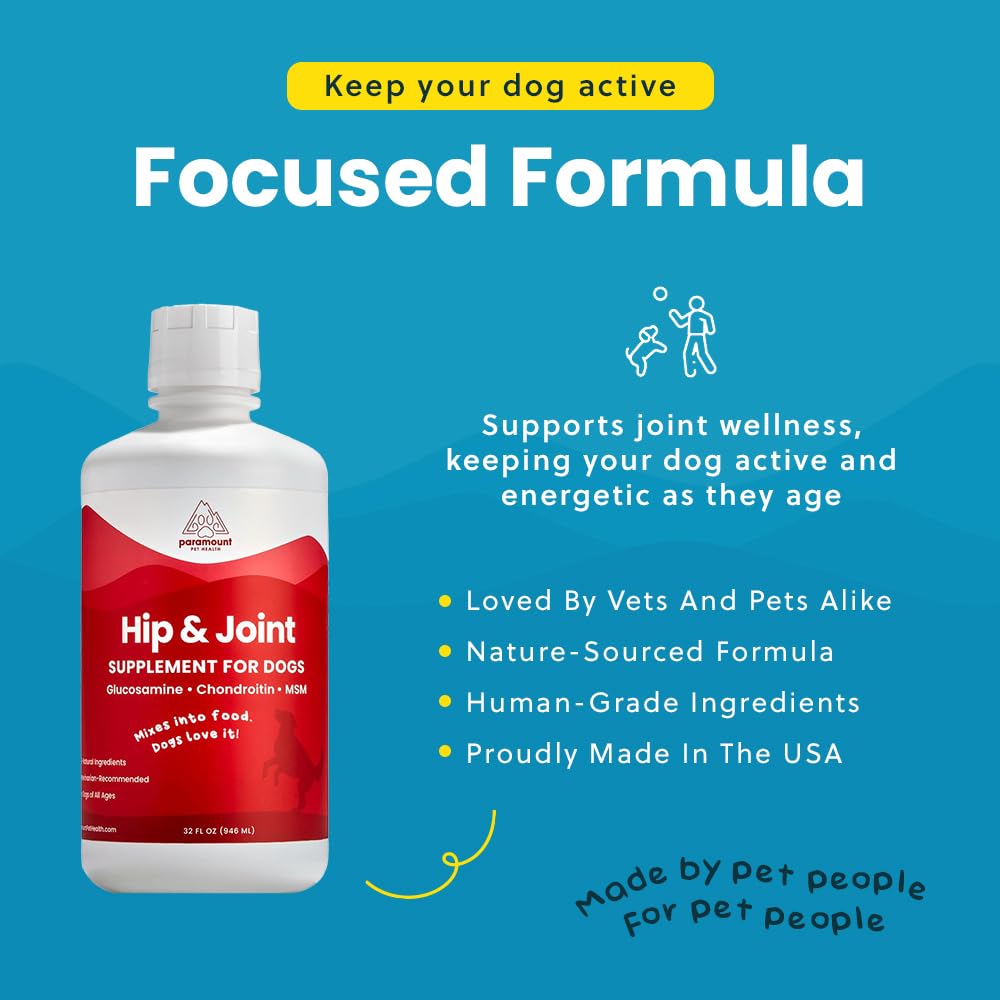 Paramount Pet Health liquid being mixed into wet or dry dog food for convenience.
