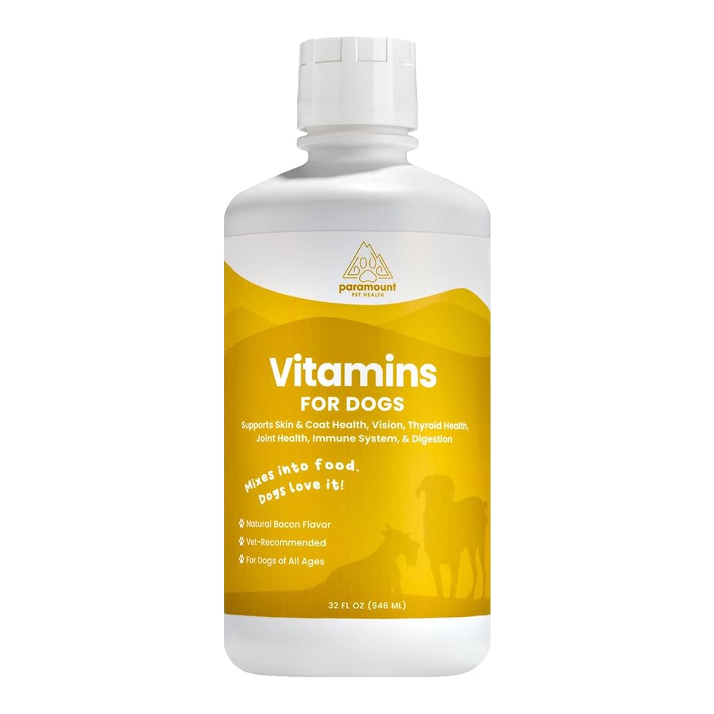 Paramount Pet Health liquid multivitamin poured into dog food for easy daily nutrition.