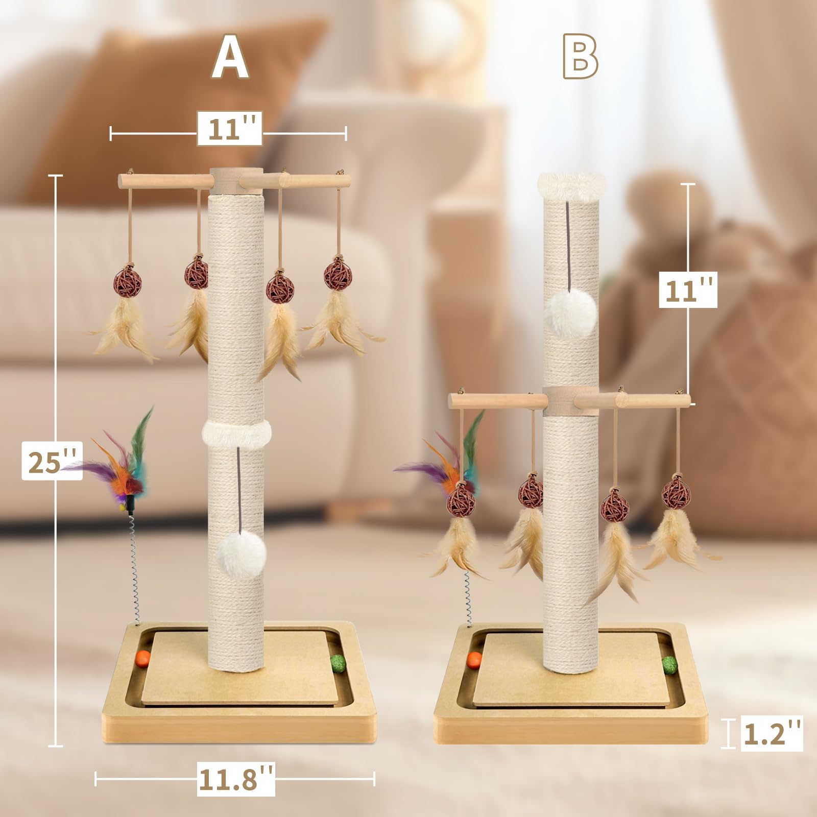 PAROTO cat scratching post with hanging balls for interactive play.