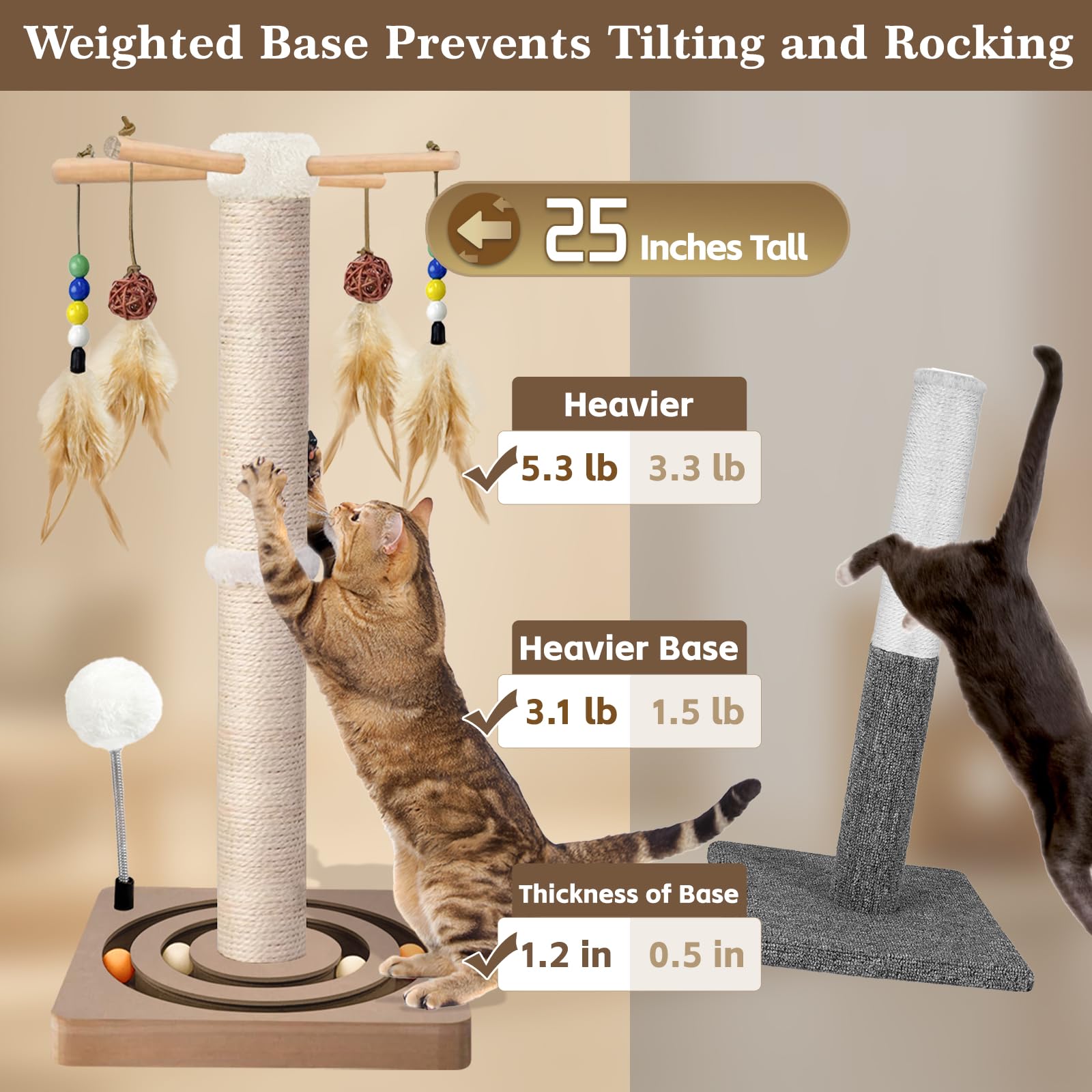 PAROTO cat tree top view with plush ball and hanging feathers for interactive play