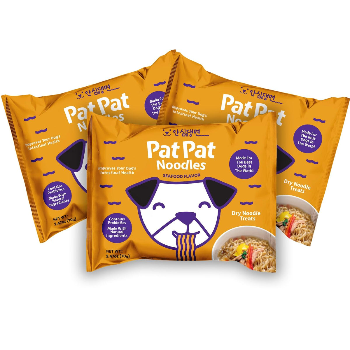 Pat Pat Noodles probiotic pup ramen seafood front pack, convenient 3-pack for on-the-go training.