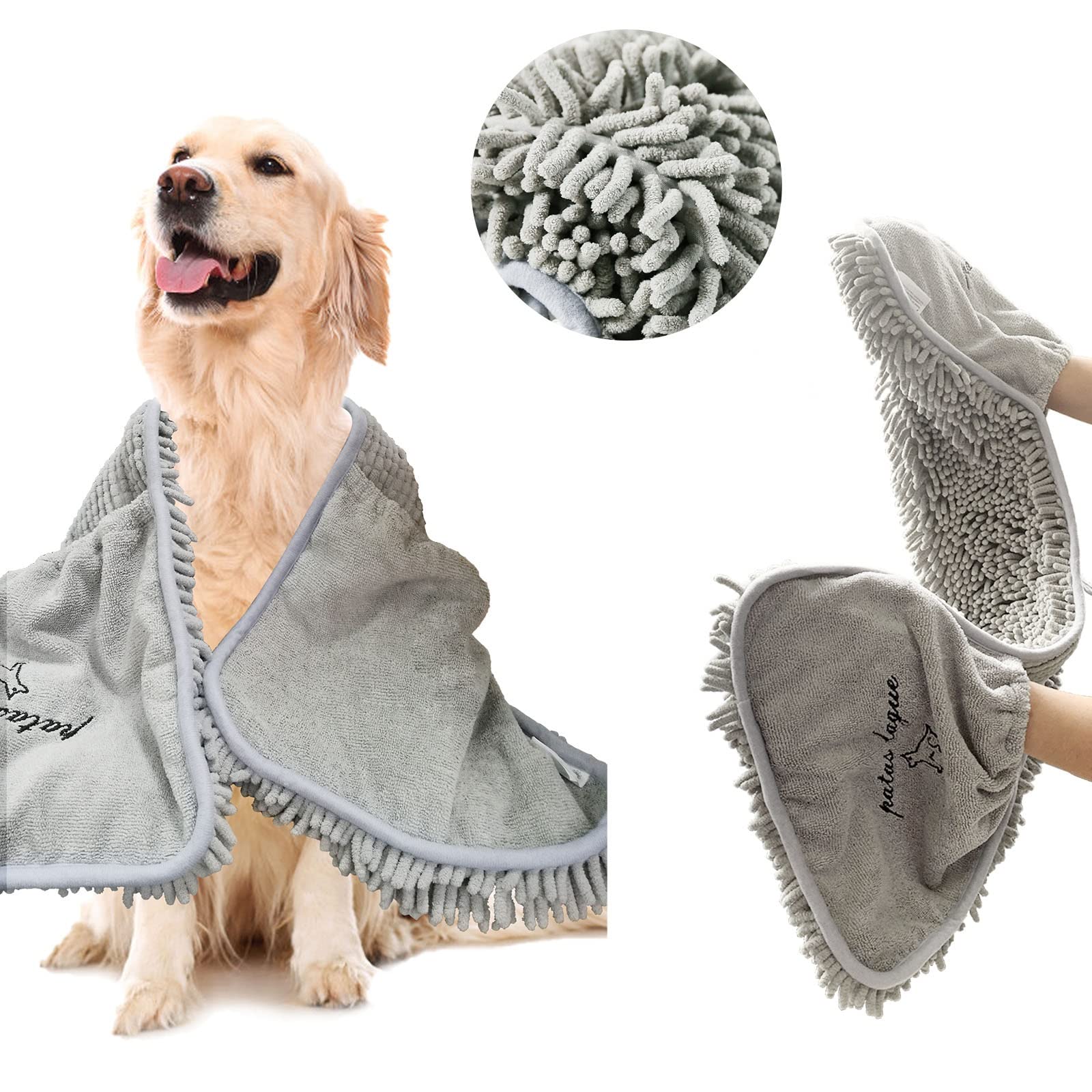 Patas Lague absorbent dog towel 35x15 soaking up water after baths.
