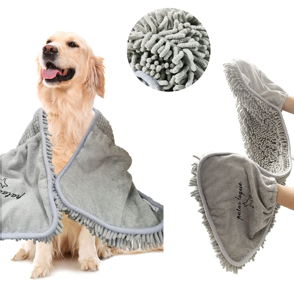 Patas Lague absorbent dog towel 35x15 soaking up water after baths.