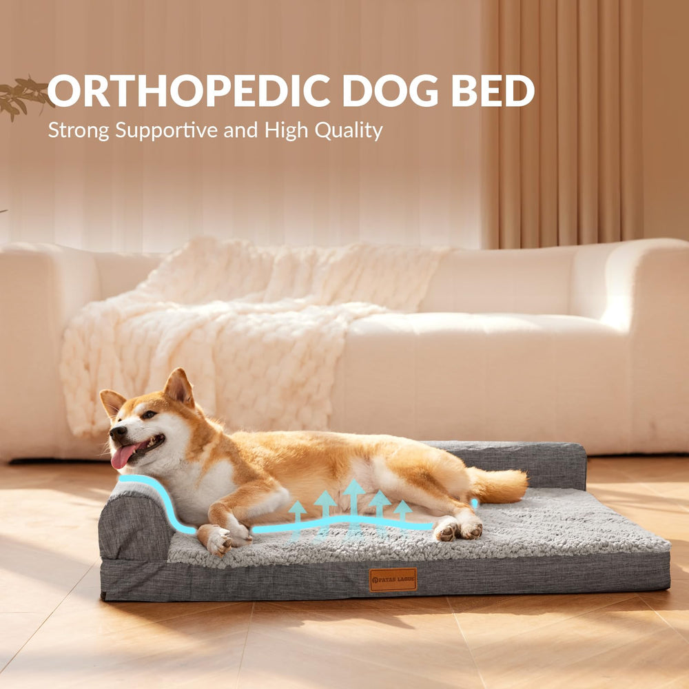 Patas Lague L-shaped dog sofa bed offers extra neck and head support.