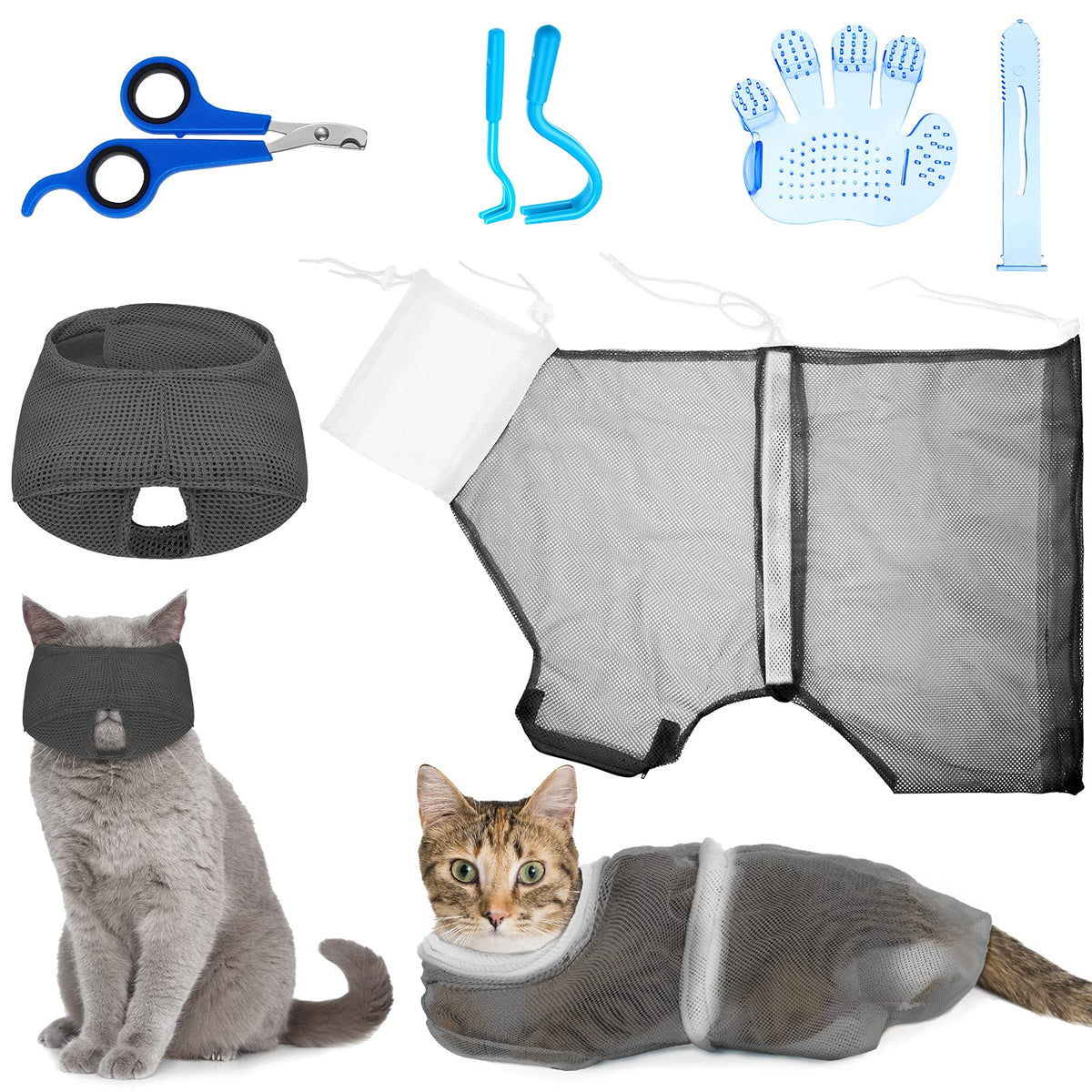 Patelai cat bathing bag set front view shows a calm bath time solution