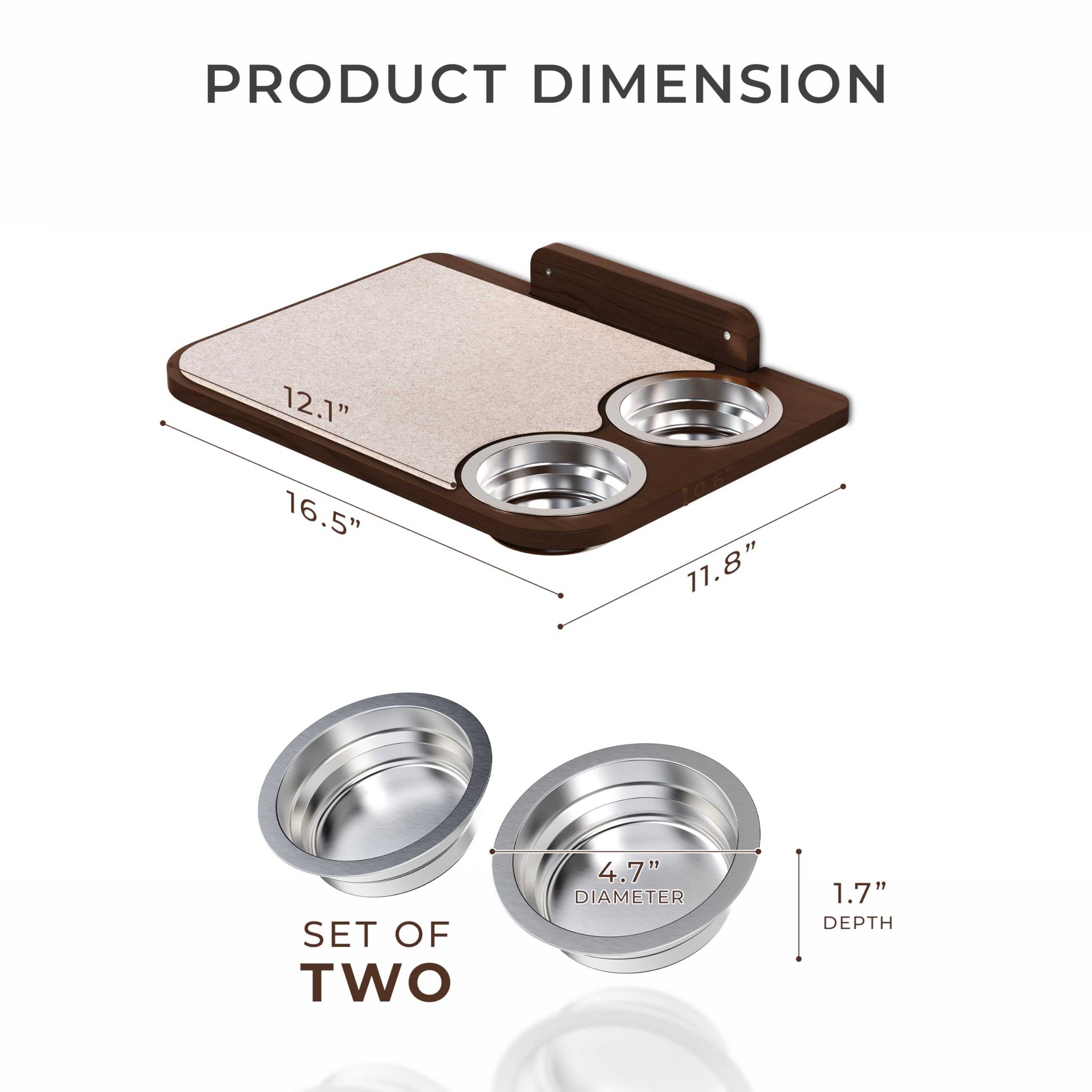 PATHOSIO PETS dog-proof feeding station with stainless bowls on wall.