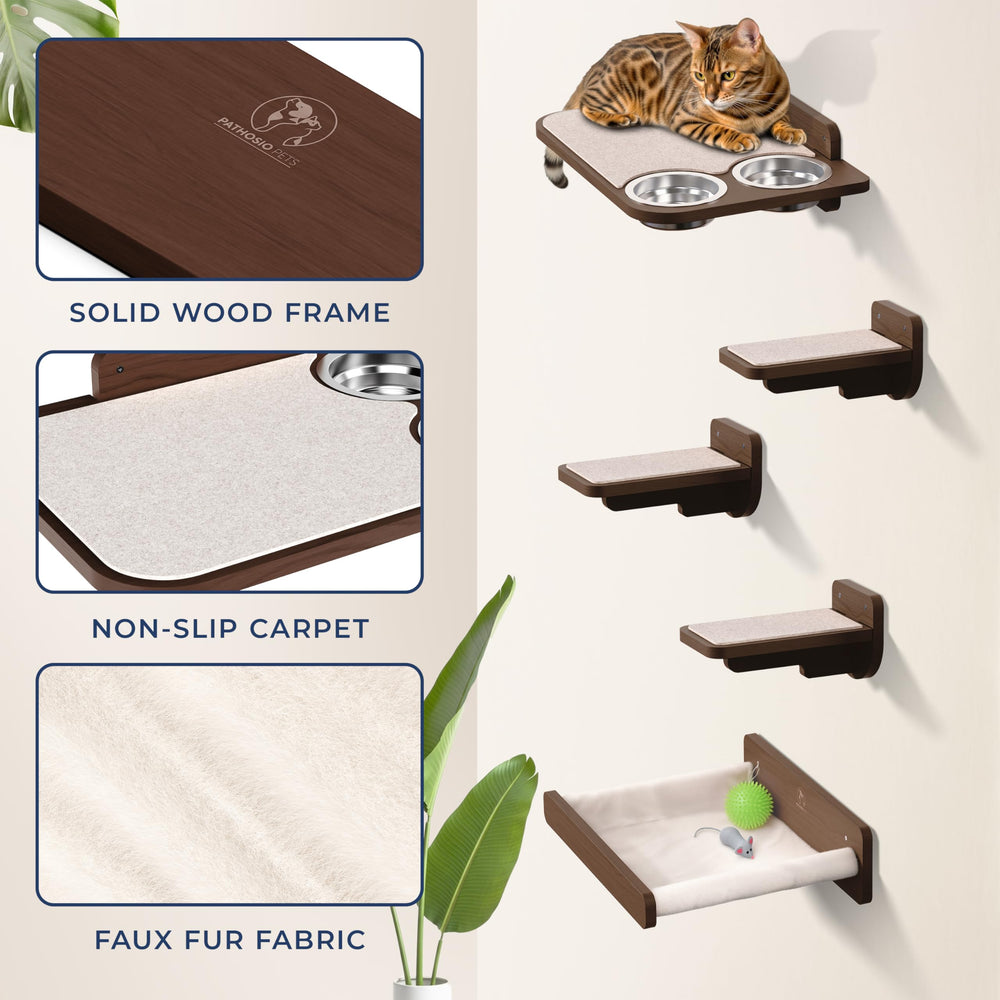 PATHOSIO PETS solid walnut wood finish option for wall shelves.