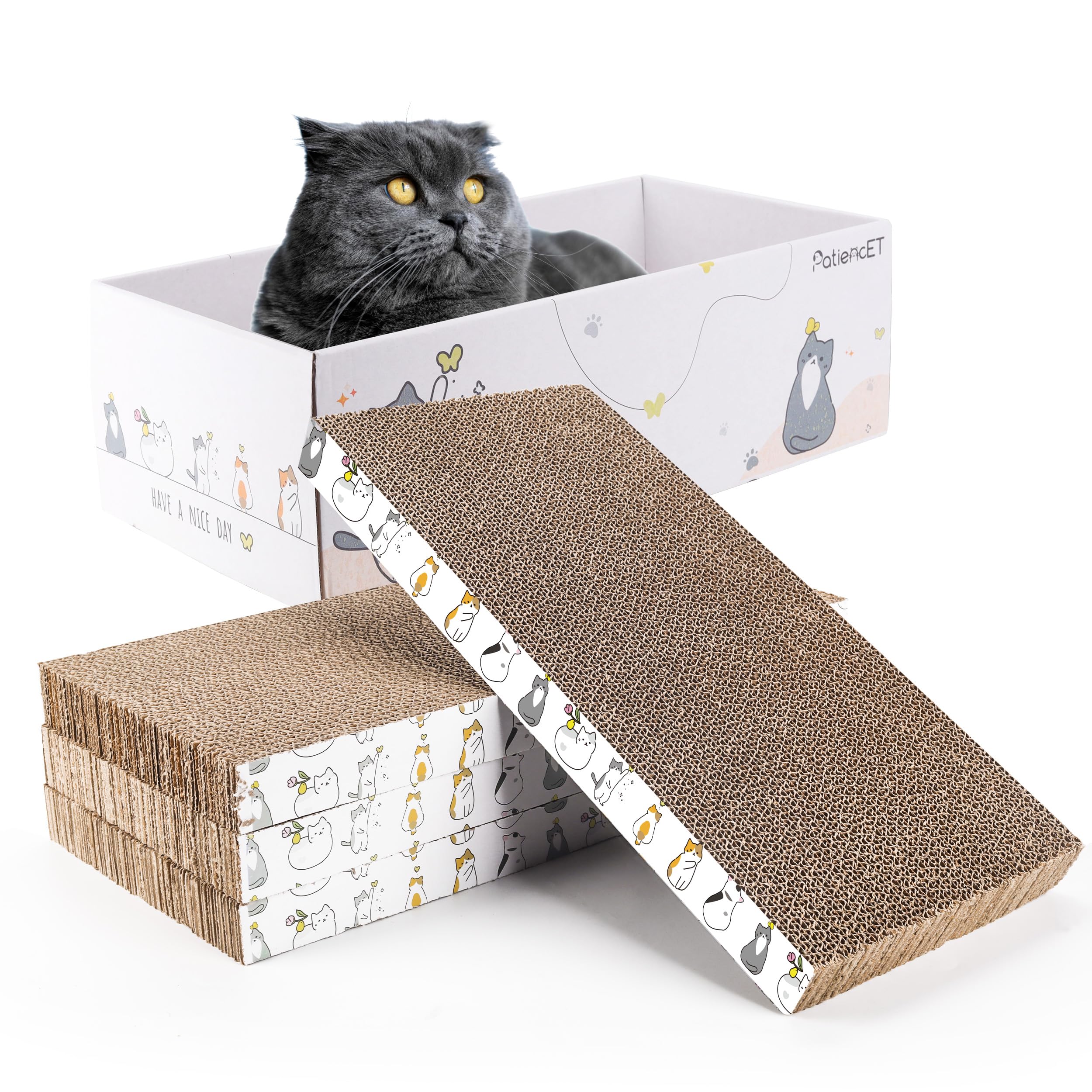 PatiencET cat scratch pad box lounge shows comfy resting and scratching for indoor cats.