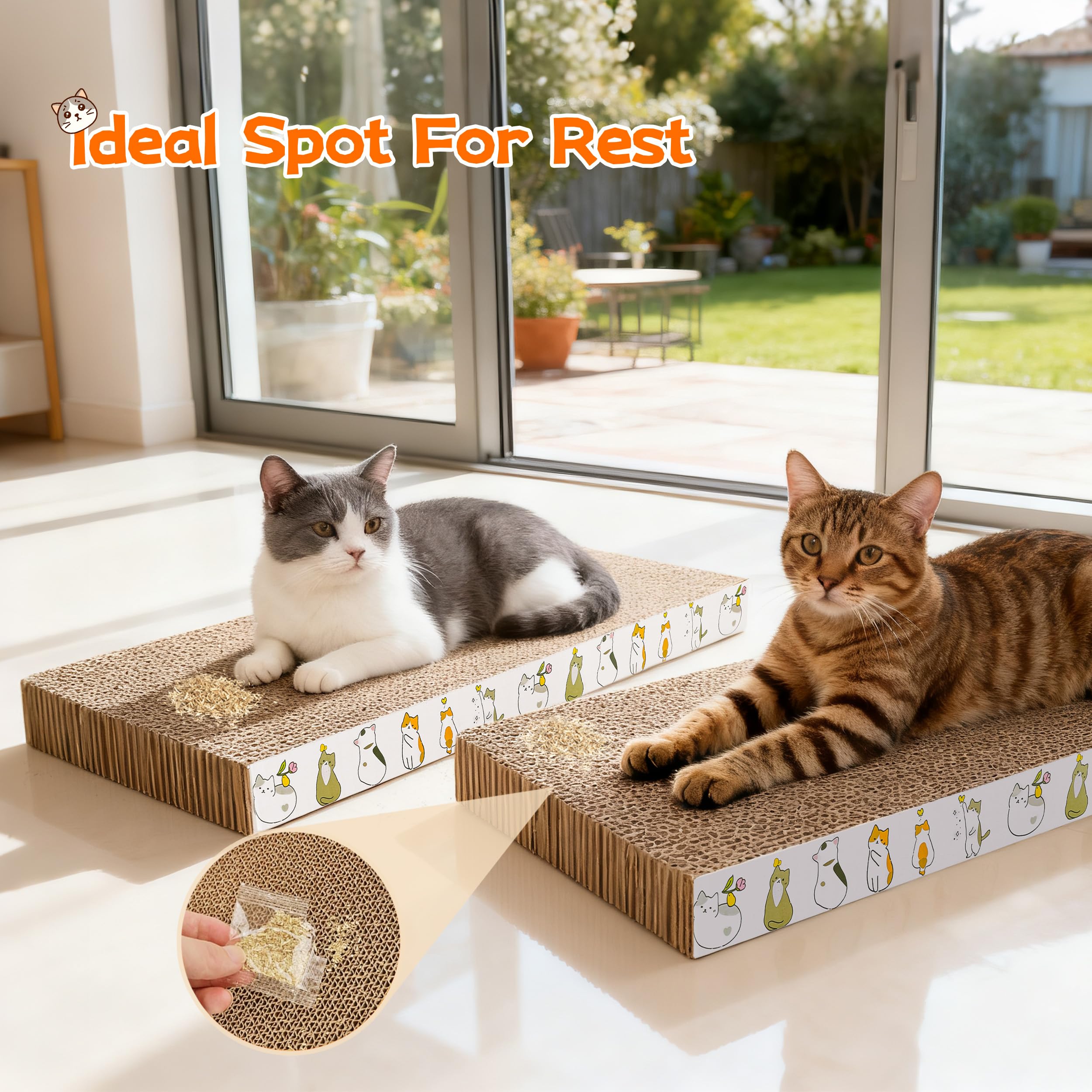 PatiencET indoor-cat scratcher placement shows versatile use on floors or beds.